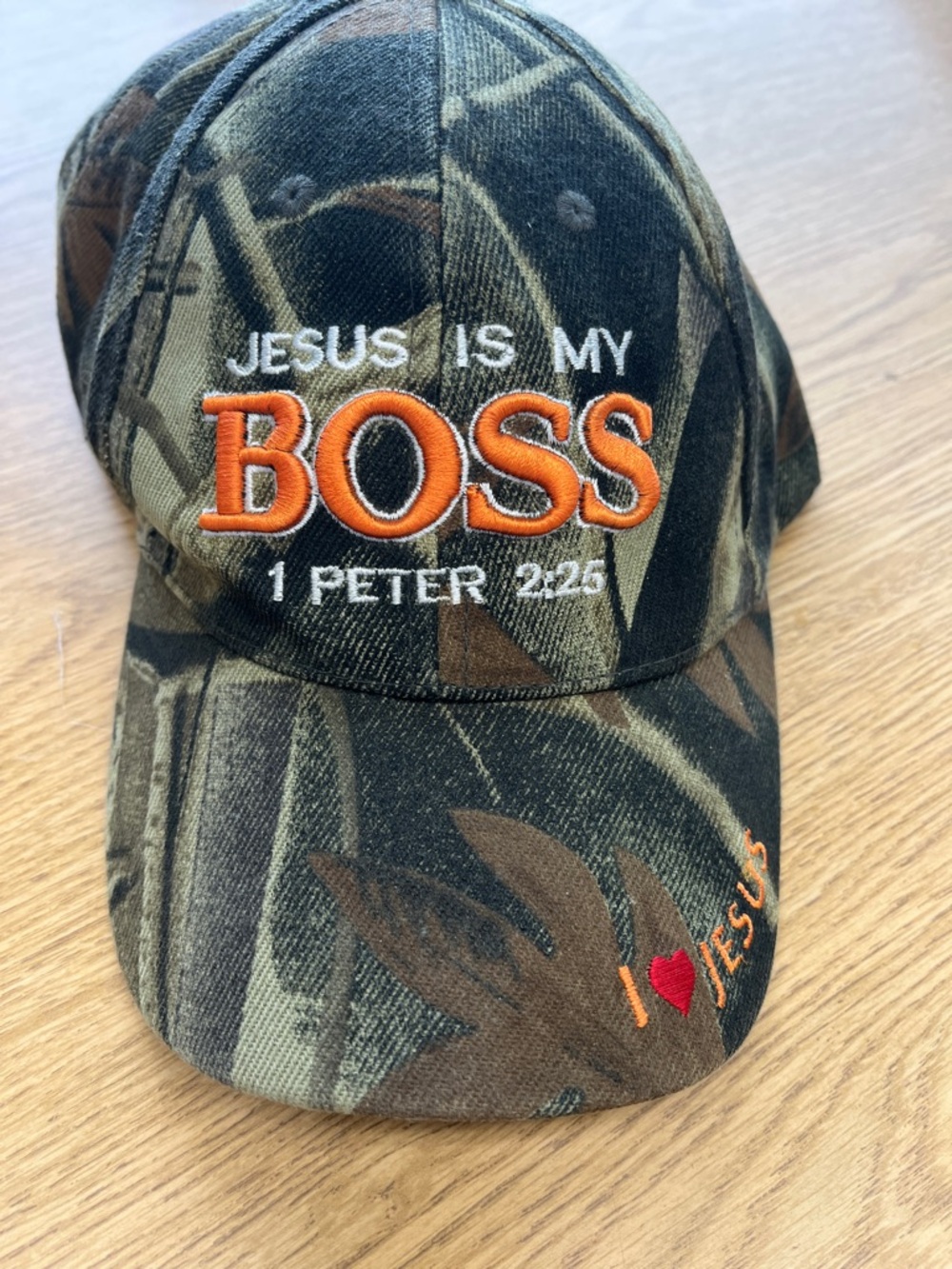 Camo 'Jesus Is My Boss' Baseball Cap - Orange & White Embroidery